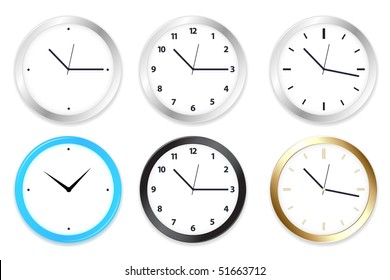 Set of six clocks on Wall, Isolated on White