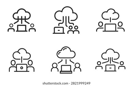 Set of six cloud collaboration and remote team connectivity line icons representing shared digital workspaces, cloud computing, network access, and team communication technology.