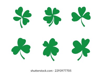 Set of six clover leaves. Flat style. Isolated on white background. St. Patrick s Day, lucky Concept.