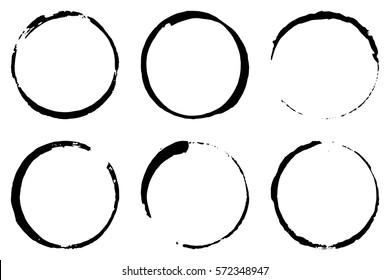 Set of six cofee ring stains. Grunge ink circles. Vector design element.