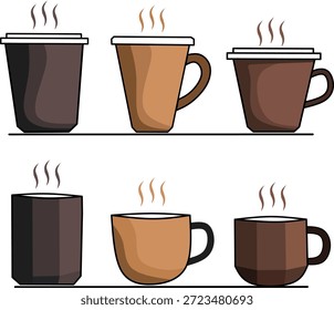 Juego de seis tazas de café y té con vapor en varios estilos. Ilustración vectorial plana. Café, bebida caliente, y concepto de desayuno aislado sobre fondo blanco.