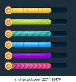 Set Of Six Coins Treasure Game Resource Loading Progress Bar In Different Cartoon Style UI Elements Vector Design