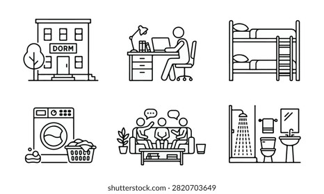 A set of six college dormitory line art vector icon illustrations on a white background