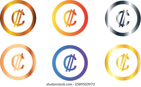 Set of six colon currency sign symbol icons logos with golden orange silver and blue colors currency of Costa Rica