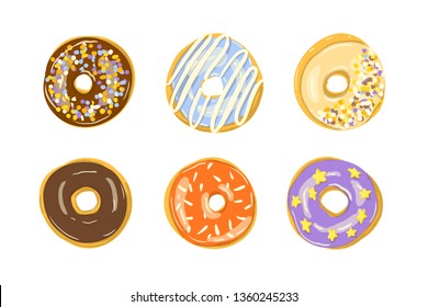 Set of six color donuts isolated. Bakery Vector. Top View doughnuts into glaze for menu design, cafe decoration