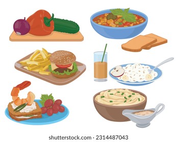 set of six color images of tasty food dishes