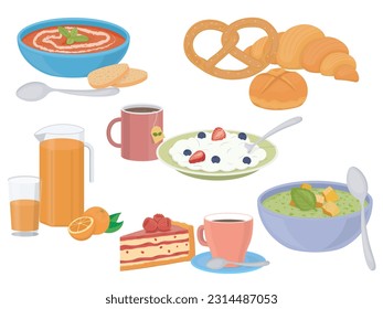 set of six color images of tomato soup, pot with orange juice, coffee and cake, pesto soup, porridge with tea