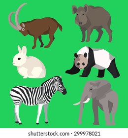 Set of six colored animals goat, wild boar, panda, rabbit, zebra, elephant. In flat polygon style design for applications and websites. Vector illustration