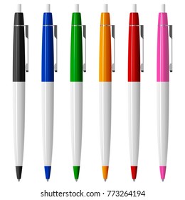 Set of six colored ballpoint pens with buttons and metal clips, vector illustration on white background