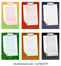 Set of six colored clipboards with blank list.