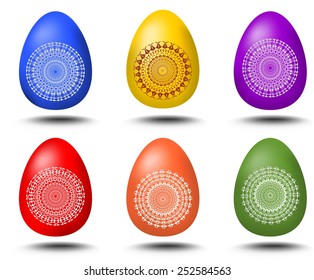 A set of six colored eggs with geometric patterns and shadows for easter design