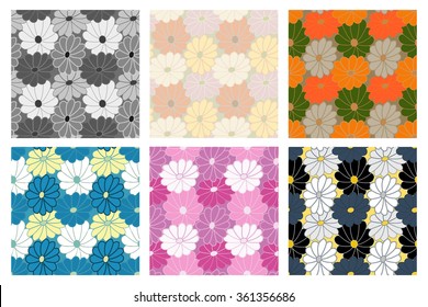 Set of six colored floral patterns. A seamless vector background for the sites, cards, fabrics