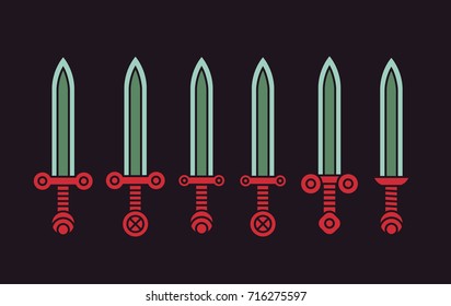 Set of six colored medieval swords on a dark background
