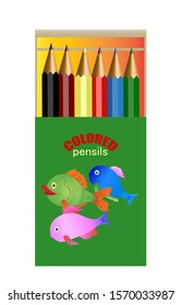 Set of six colored pencils in a beautiful pack with multi colored fishes drawn on the lid. Vector illustration isolated on white background.