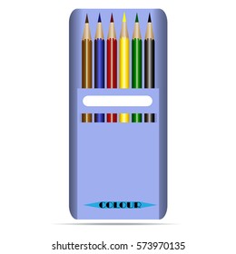 Set of Six Colored Pencils in Box Isolated on White Background. Vector Illustration