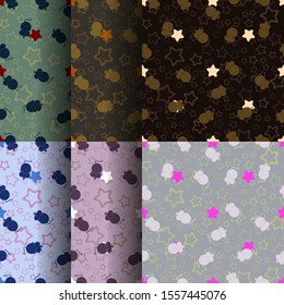 set of six colored seamless patterns with mice and stars, pink, gray, brown, gray, orange, green, vector