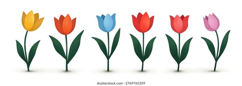 Set of six colored tulips with a shadow on a white background. Flat, cute flowers, design elements. Vector EPS 10.