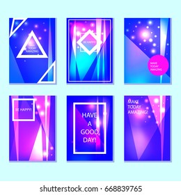 A set of six colorful abstract geometric posters, invitations, flyers, leaflets. Neon glowing vector covers