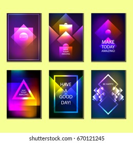 A set of six colorful abstract geometric posters, invitations, flyers, leaflets. Neon glowing vector covers