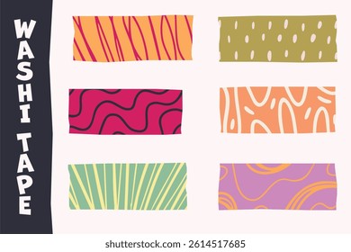 Set of six colorful abstract hand-drawn patterns with organic shapes, perfect for washi tape design, textile, sticker. planner and packaging design.