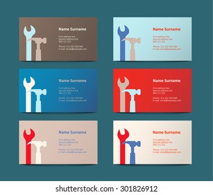 set of six colorful business cards with tools, vector illustration, eps 10 with transparency