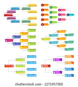 Set of six colorful business structure concept, corporate organization chart scheme with people icons. Vector illustration.