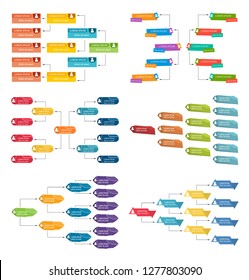 Set of six colorful business structure concept, corporate organization chart scheme with people icons. Vector illustration.