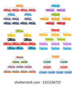Set of six colorful business structure concept, corporate organization chart scheme with people icons. Vector illustration.
