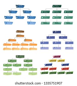 Set of six colorful business structure concept, corporate organization chart scheme with people icons. Vector illustration.