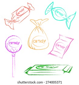 Set of six colorful candy stylized pencil sketch. Vector illustration