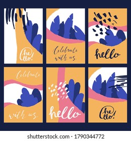 Set of six colorful cards with liquid shapes, leaves and text. Vector A5, A4 format templates for greeting, wedding cards, holiday posters, banners, invitations. HELLO, CELEBRATE WITH US - text. 