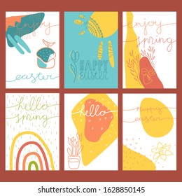 Set of six colorful cards with one line hand writings. Vector A5 format templates for greeting cards, posters, banners, prints. Happy Easter, enjoy Easter, spring, hello spring. Isolated background.