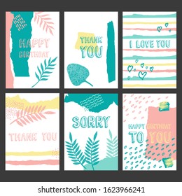 Set of six colorful cards with stripes of scraped, torn paper, leaves, texts. Vector A5 format templates for greeting cards, posters, banners, prints. Happy birthday, Thank you, I love you, Sorry.