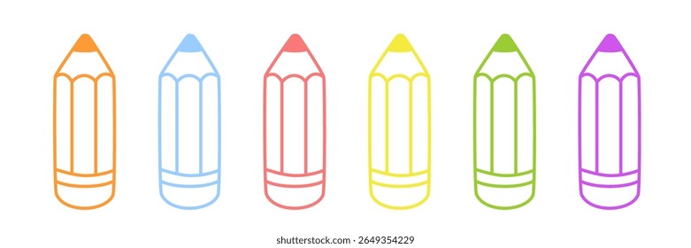 Set of six colorful cartoon pencils in a flat style on a pink background – ideal for kids’ school projects, educational materials, stationery designs, or playful creative illustrations.
