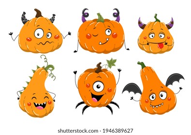 Set of six colorful cartoon pumpkins with faces showing happy, laughing and confused expressions with wings and horns for Halloween isolated on white, cartoon vector illustration for design elements