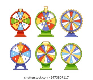 Set Of Six Colorful Cartoon Wheels Of Fortune. Perfect For Game Design, Entertainment, And Casino-themed Illustrations