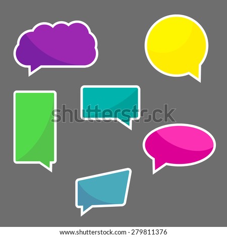 Set of six colorful chat icons, speach bubbles with white stroke