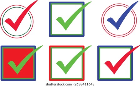 A set of six colorful check mark icons with different shapes and color combinations on a white background. Vector illustration.