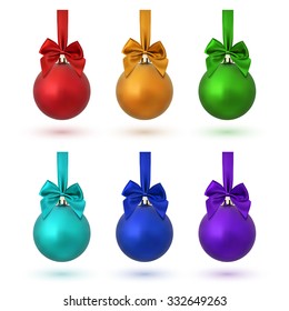 Set of six colorful Christmas balls with ribbon and a bow, isolated on white background. Vector illustration.