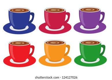 Set of six colorful cups with drink dark