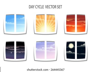 Set of six  colorful day cycle images. Different times of the day from window view. Isolated on white background.