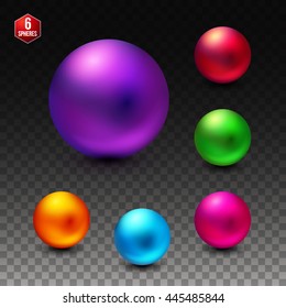 Set of six colorful dimensional spheres with a shiny matte finish in vivid colors - red, purple, green, blue, pink, orange - for use as vector design elements