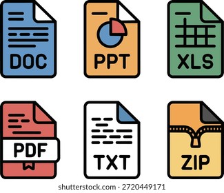 Conjunto de seis ícones coloridos de documentos isolados em um fundo transparente