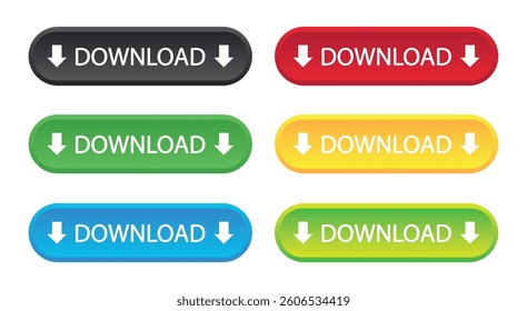 A set of six colorful download buttons in black, red, green, yellow, and blue, each featuring a downward arrow. Perfect for UI design, web development, software applications, and digital interfaces.