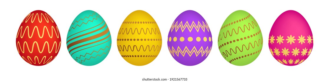 Set of six colorful Easter eggs on white background. Holiday gift decoration. Vector illustration.