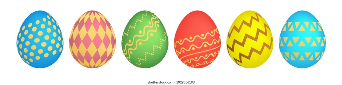 Set of six colorful Easter eggs on white background. Holiday gift decoration. Vector illustration.