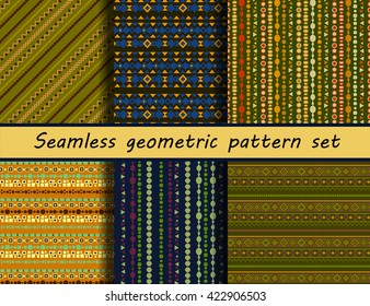 Set of six colorful ethnic patterns. Background in the boho style, geometric vector seamless patterns.Seamless vector tribal texture.
