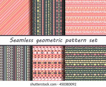 Set of six colorful ethnic patterns. Background in the boho style, geometric vector seamless patterns.Seamless vector tribal texture.