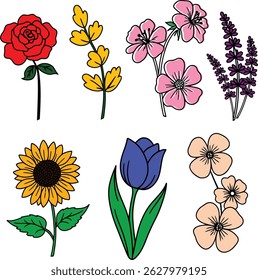 A set of six colorful flat vector flowers including rose, lavender, sunflower, tulip, and various wild blossoms. Perfect for educational materials, greeting cards, floral-themed designs, packaging.