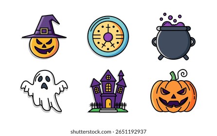 A set of six colorful flat vector icons for Halloween, including a pumpkin head with a witch hat, a pendulum, a bubbling cauldron, a ghost, a haunted house, and a jack-o'-lantern. 